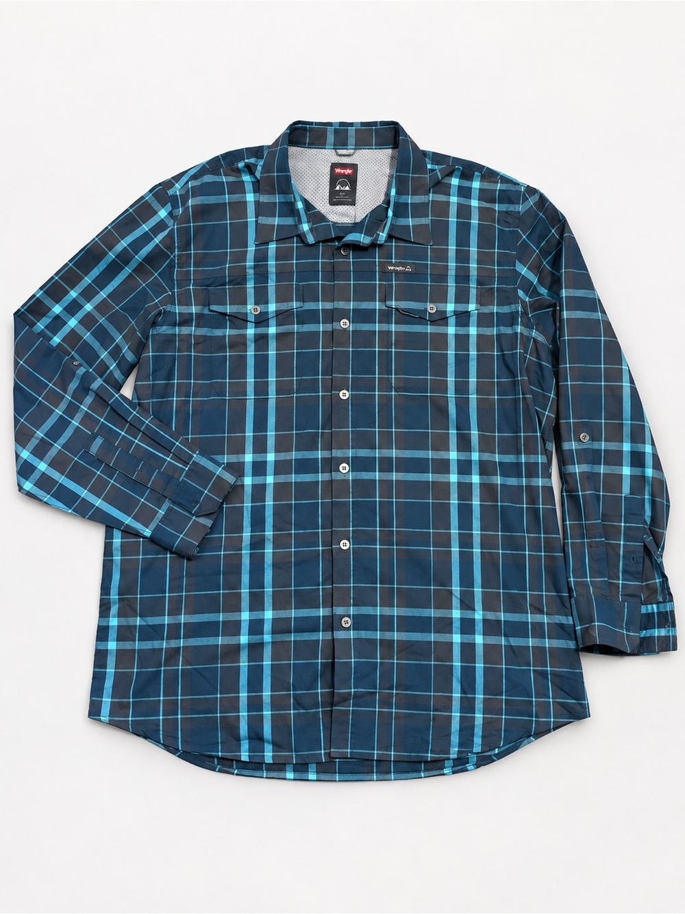 Wrangler Teal and Navy Plaid Button-Down Shirt